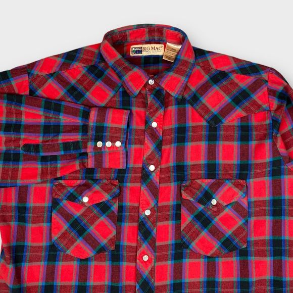 VTG Big Mac Men's Large Tall Plaid Flannel Shirt Pearl Snap Button Long Sleeve - Picture 1 of 9